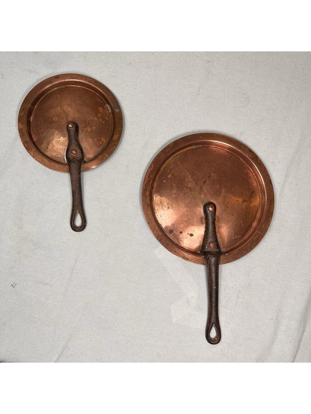 Two Antique Duparquet Fitted Copper Pan Lollipop Lids- 7” & 5.5”